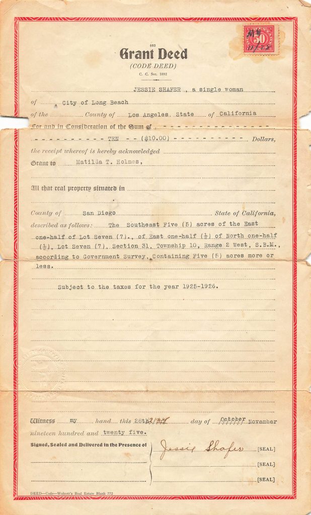 Grant deed dated November 1925 transferring five acres in San Diego County to Matilda T. Holmes